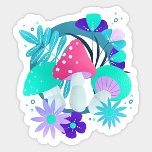 Turquoise and pink mushrooms and flowers Sticker